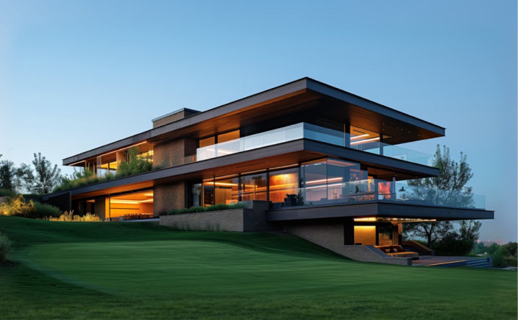 Modern hillside residence with glowing interiors