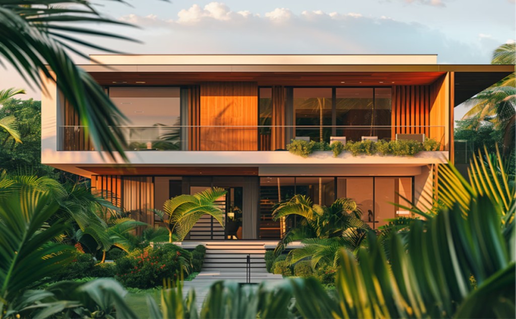 Tropical villa surrounded by palms