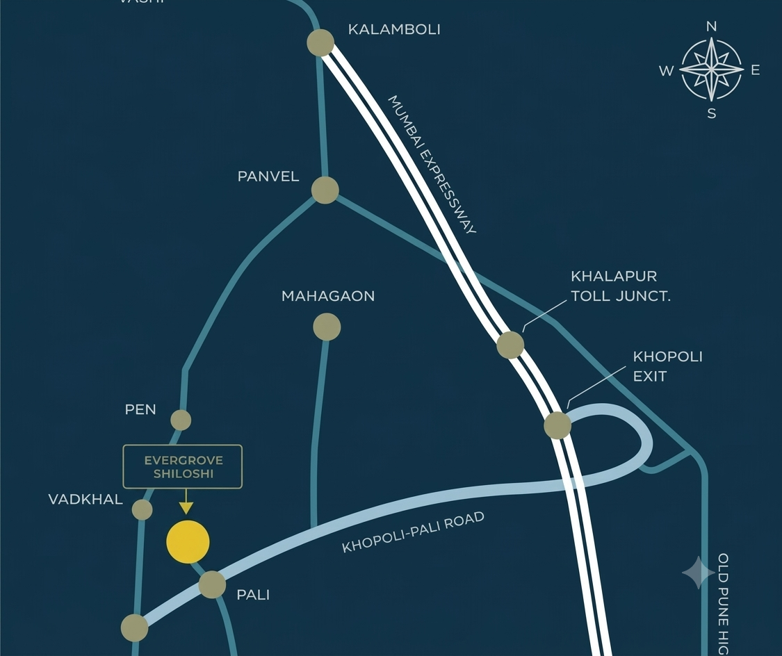 Map showing EverGrove Shiloshi near Pali, Khopoli, and the Mumbai Expressway